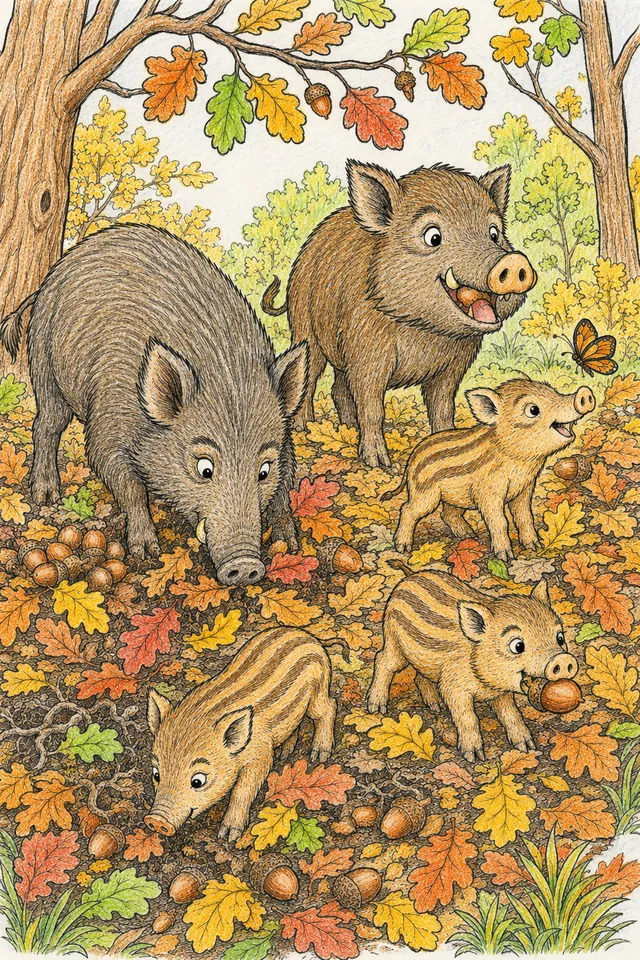 Ausmalbild: Wildschweinfamilie mit drei Frischlingen wühlt durch Herbstlaub nach Eicheln
