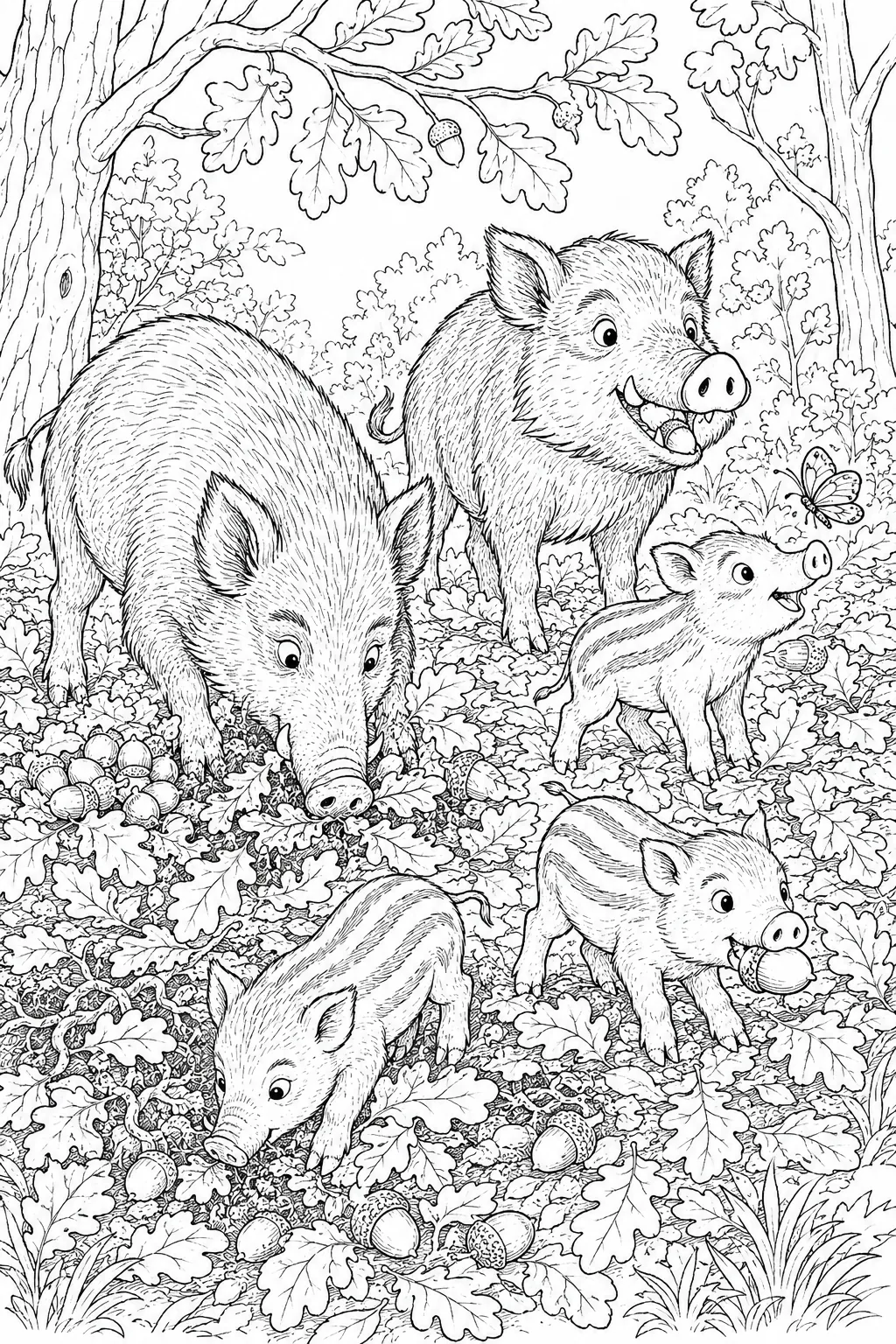 Ausmalbild: Wildschweinfamilie mit drei Frischlingen wühlt durch Herbstlaub nach Eicheln