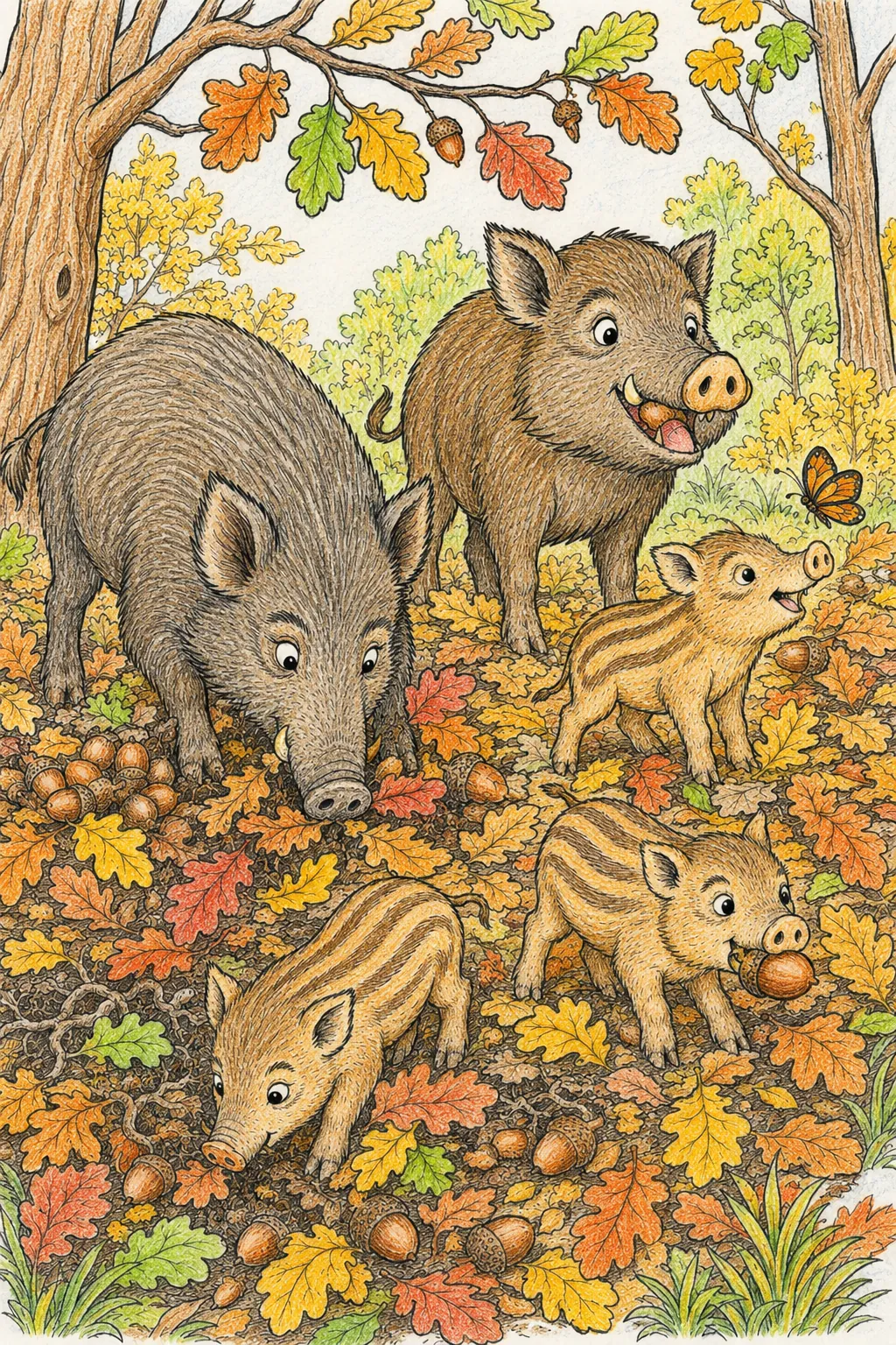 Herbst-Wildschweinfamilie durchwühlt den Waldboden auf der Suche nach Eicheln
