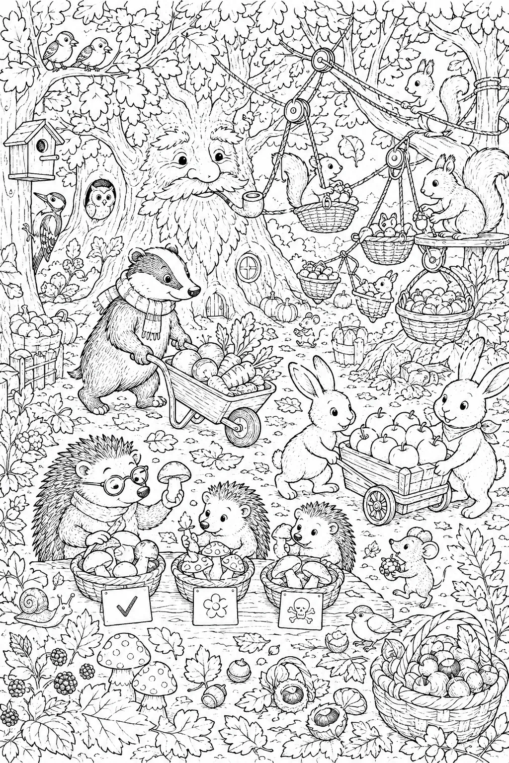 Wimmelbild-Ausmalbild: Herbstwald mit vielen Tieren beim Nüsse-, Pilz- und Apfel-Sammeln für den Winter