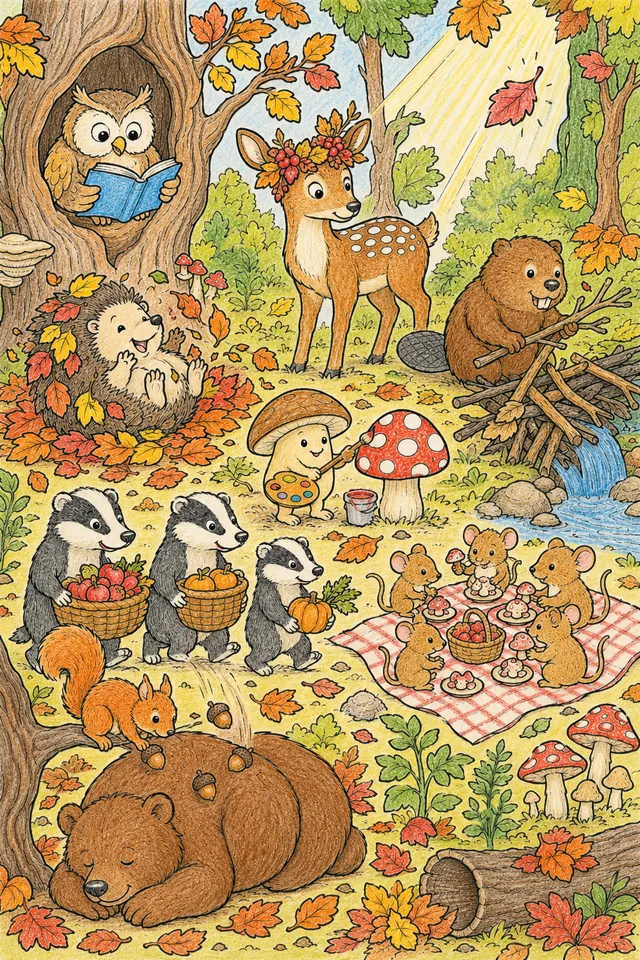 Herbst-Waldlichtung-Wimmelbild: Alles auf einmal auf einer herbstlichen Waldlichtung – So könnte es aussehen