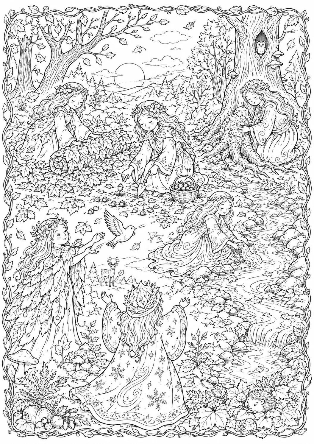 Coloring page: six different autumn spirits working together at winter preparation ritual in the forest