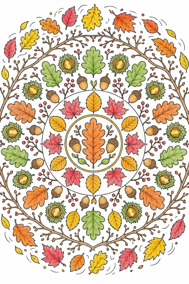 Mandala-Ausmalbild: Kreisförmiges Herbstmandala aus symmetrisch angeordneten Eichen-, Ahorn- und Buchenblättern