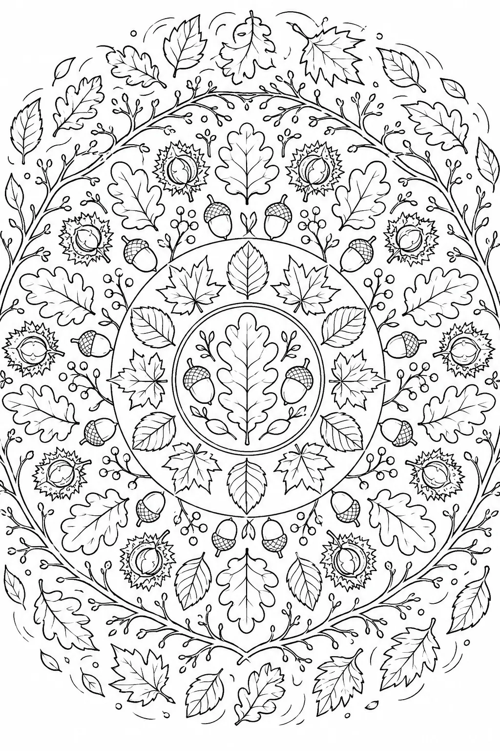 Mandala-Ausmalbild: Kreisförmiges Herbstmandala aus symmetrisch angeordneten Eichen-, Ahorn- und Buchenblättern