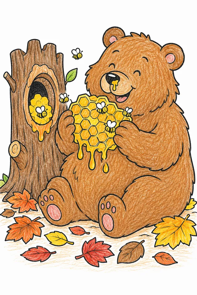 Ausmalbild: Flauschiger Herbstbär hält glücklich tropfende Honigwabe vor Bienenstock-Baumstumpf