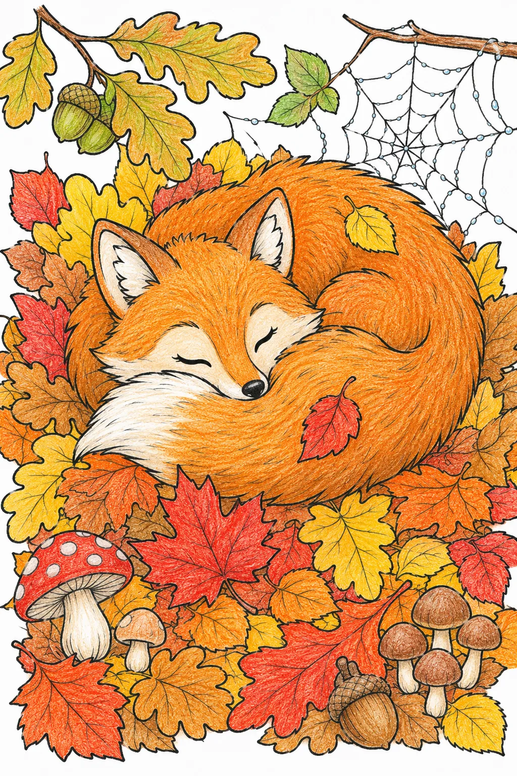 Herbst-Fuchs schläft zufrieden auf einem weichen bunten Laubbett