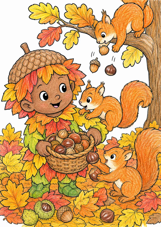 Ausmalbild: Herbstkind mit Eichelmütze und Eichhörnchen füllen gemeinsam Korb mit bunten Herbstfrüchten