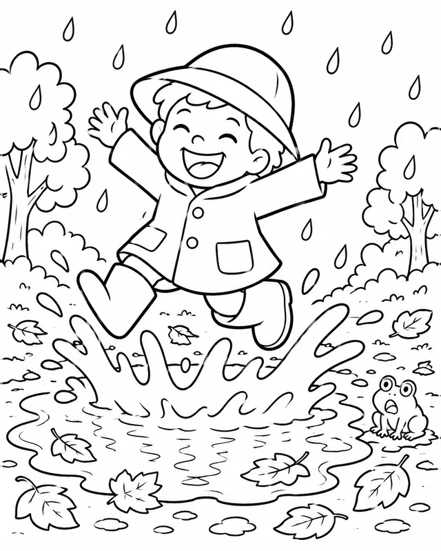 秋雨孩子穿着红色橡胶靴在秋天水坑里跳跃