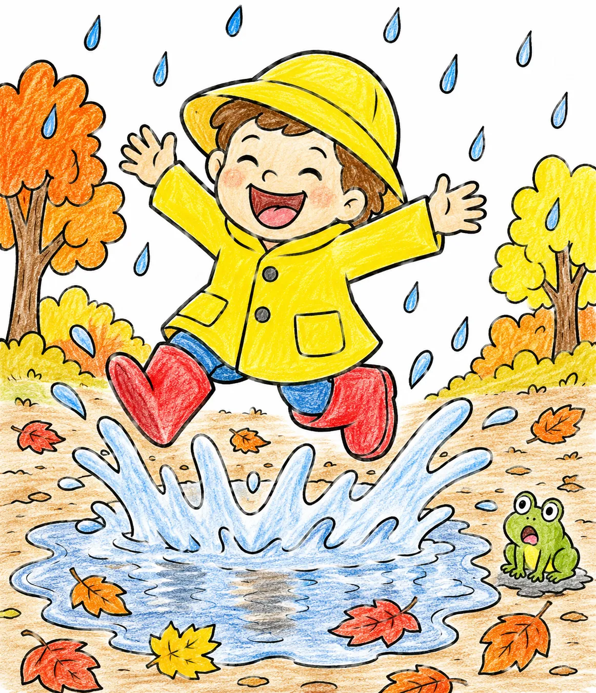 Herbstregen-Kind springt mit roten Gummistiefeln durch Herbstpfützen