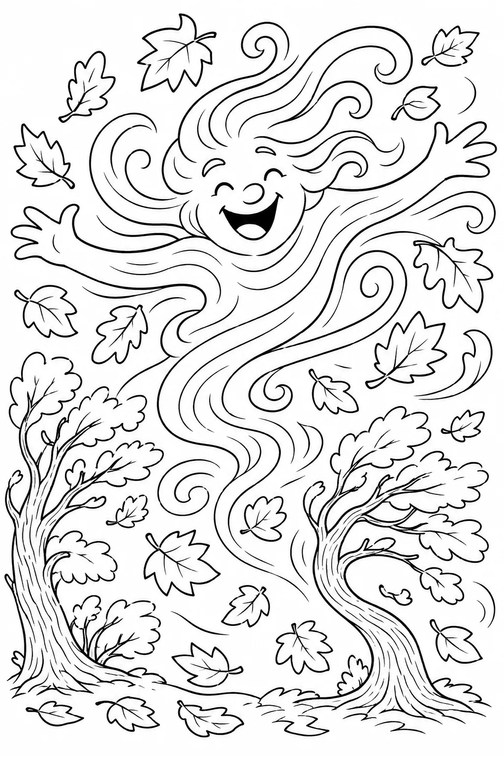 Ausmalbild: Wirbelnder Sturm-Geist aus Herbstblättern tanzt wild durch Herbstwald