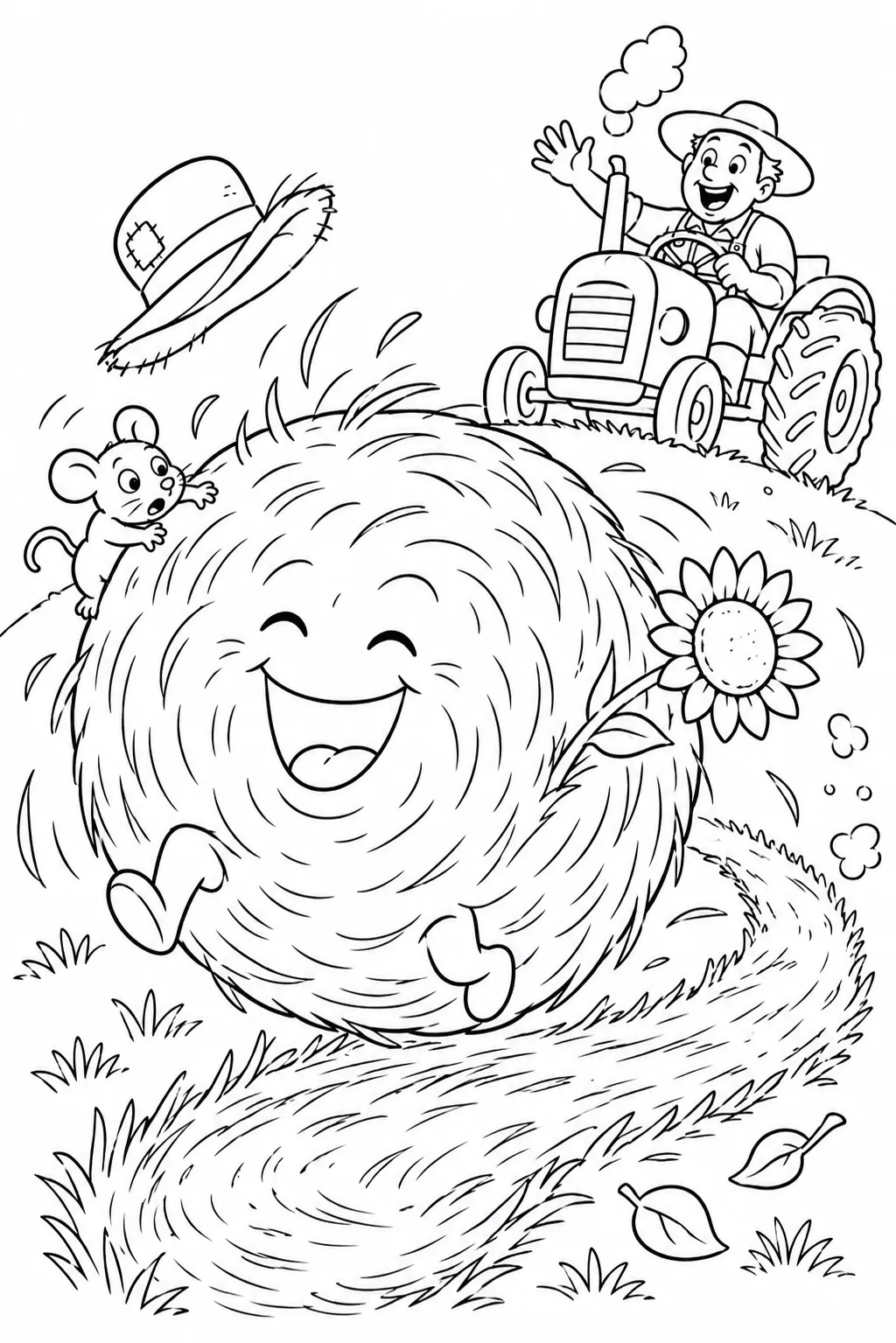 Coloring page: laughing round hay bale spirit rolling down hill, field mouse clinging on, farmer chasing it