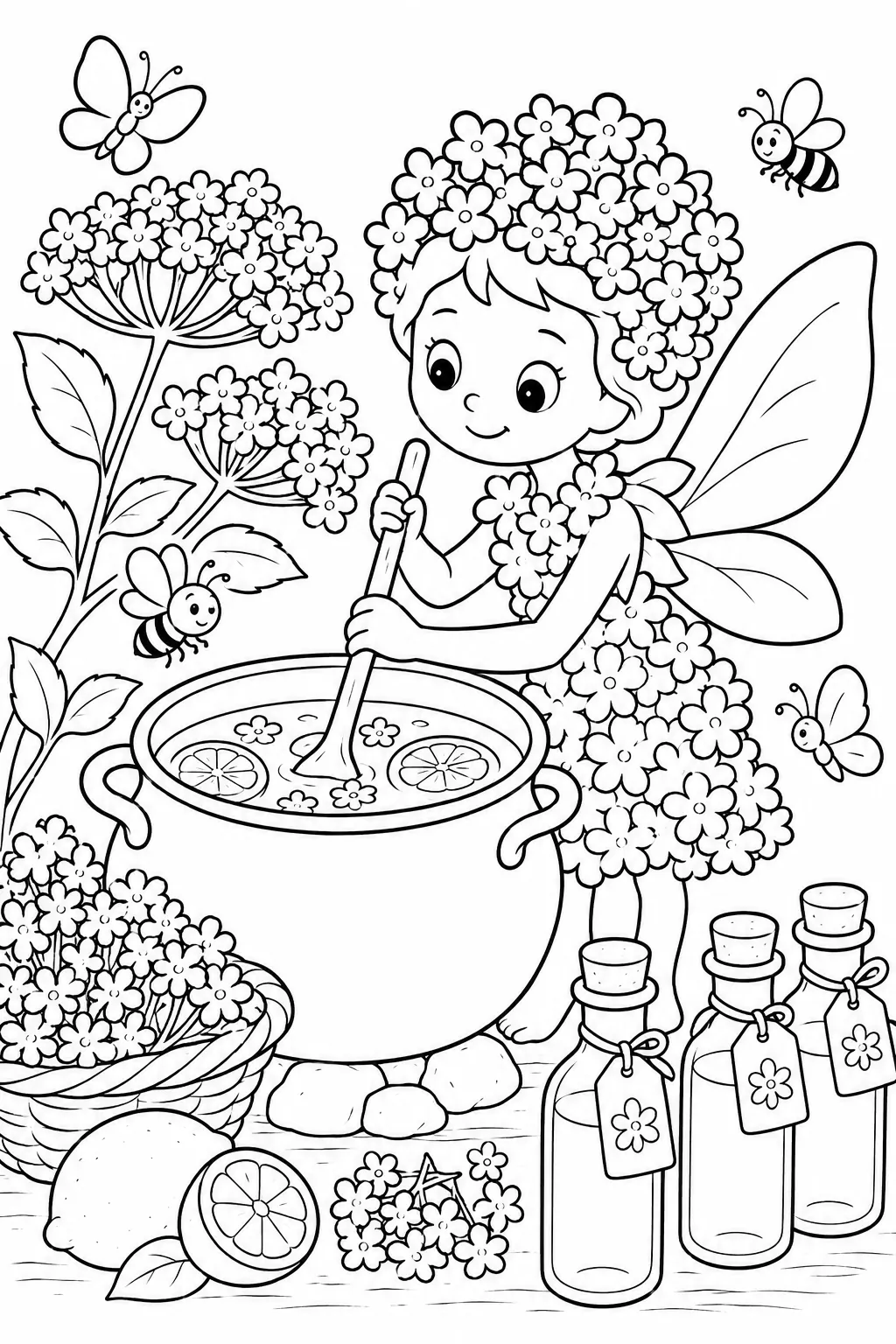 涂色页：接骨木花仙子在大锅中搅拌，旁边放着糖浆瓶，周围是蜜蜂