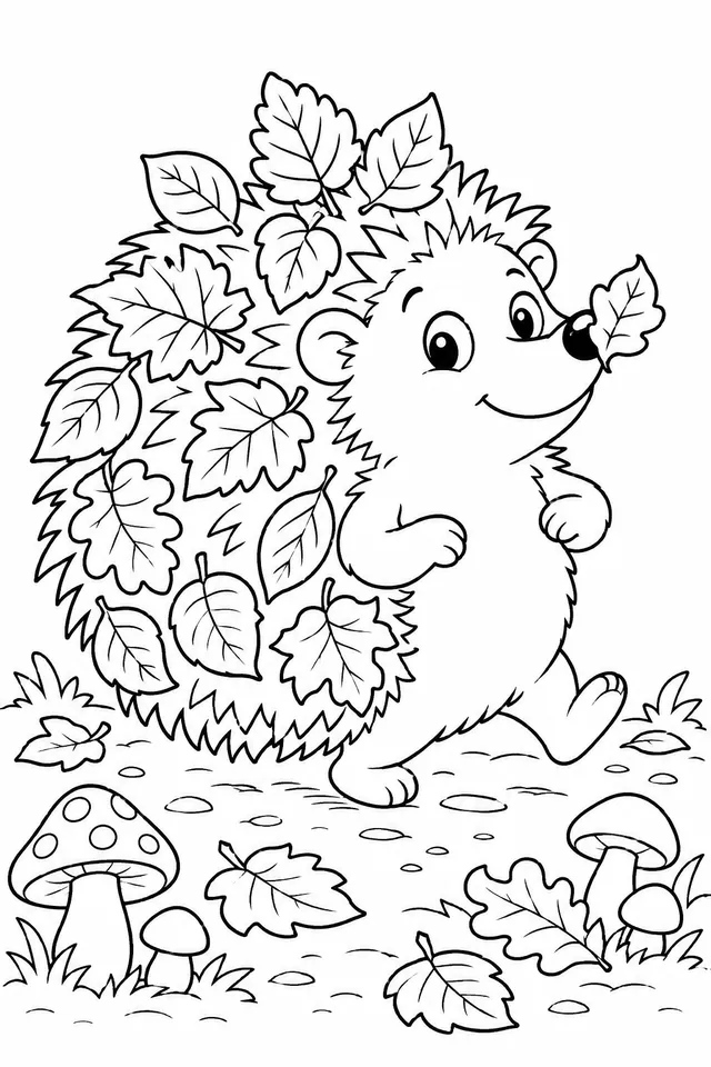 刺猬精灵骄傲地带着五彩秋叶散步，秋叶插在刺上