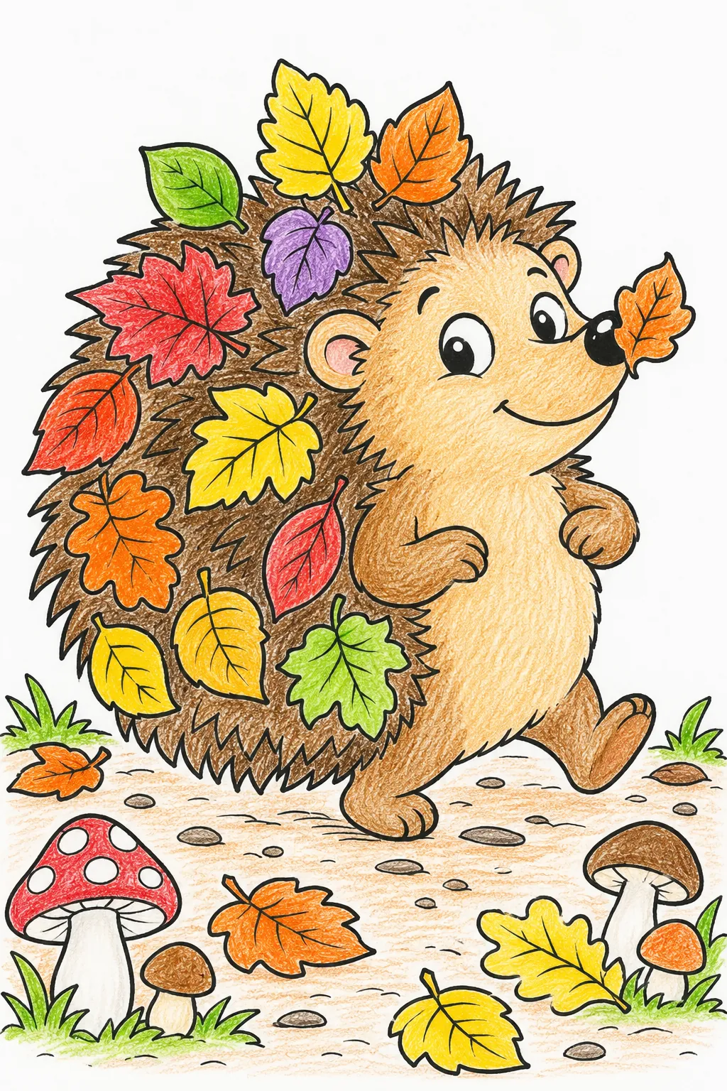 Igel-Geist spaziert stolz mit bunten Herbstblättern auf den Stacheln