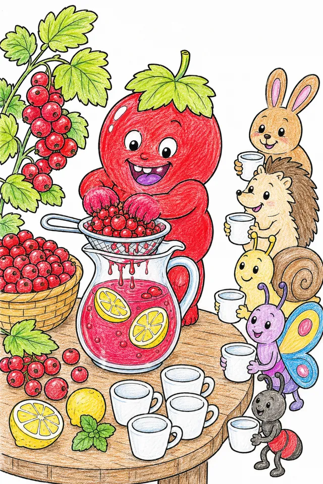 Ausmalbild: Johannisbeeren-Kind presst rubinrote Limonade in Outdoorküche, Naturgeister warten mit leeren Bechern