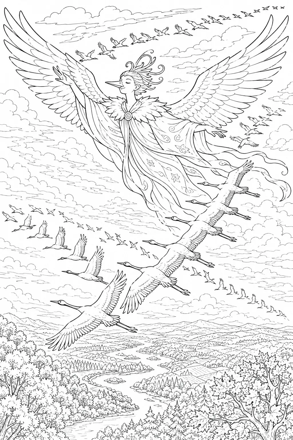 Ausmalbild: Silberweißer Geist führt Kranich-V-Formation durch dramatischen Herbsthimmel