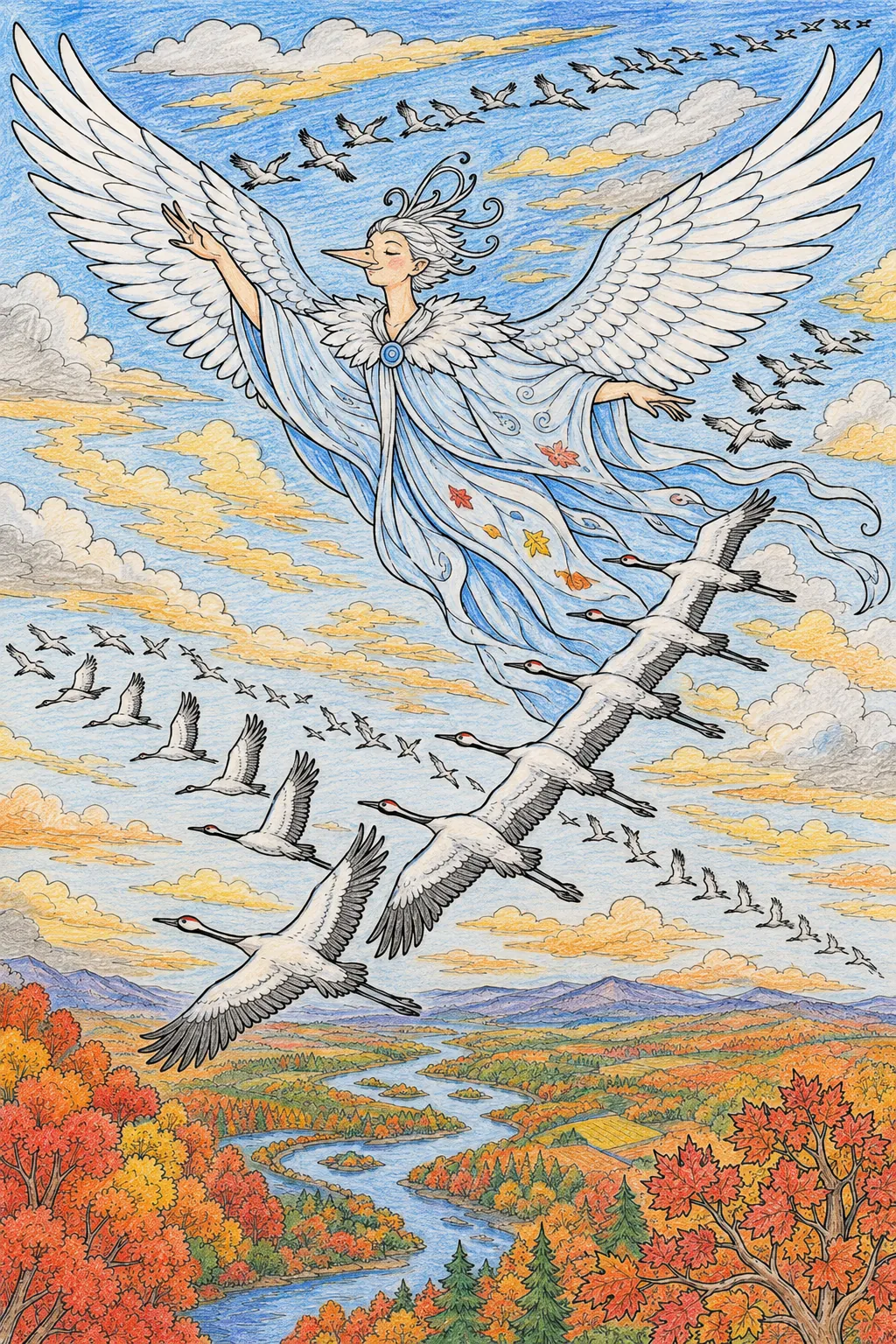 Kranichzug-Dirigent-Geist leitet die große Herbst-Vogelzug-Formation