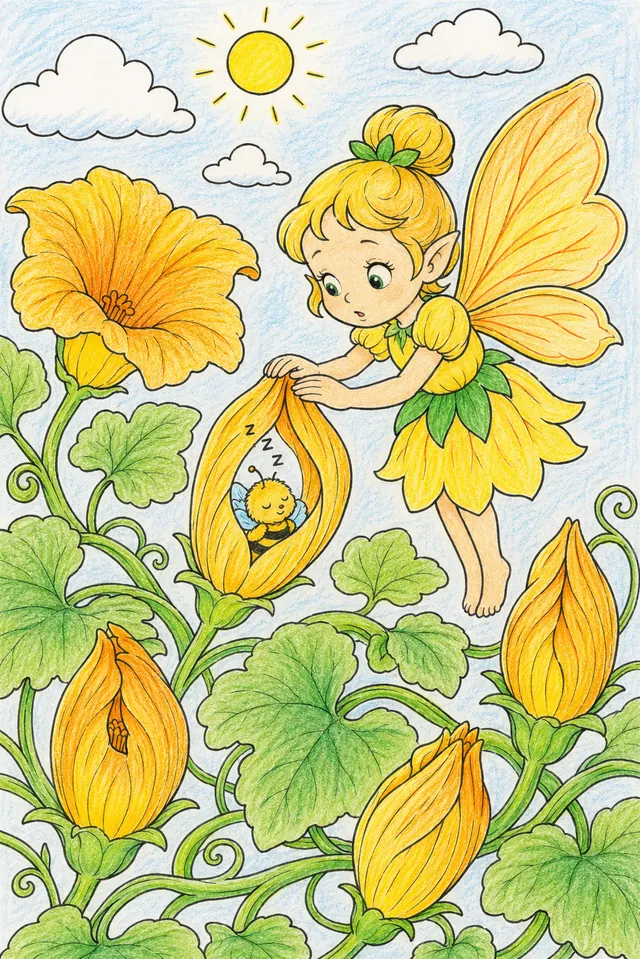 Ausmalbild: Goldene Kürbisblüten-Fee schließt Gartenblüten, entdeckt schlafende Biene in Blüte