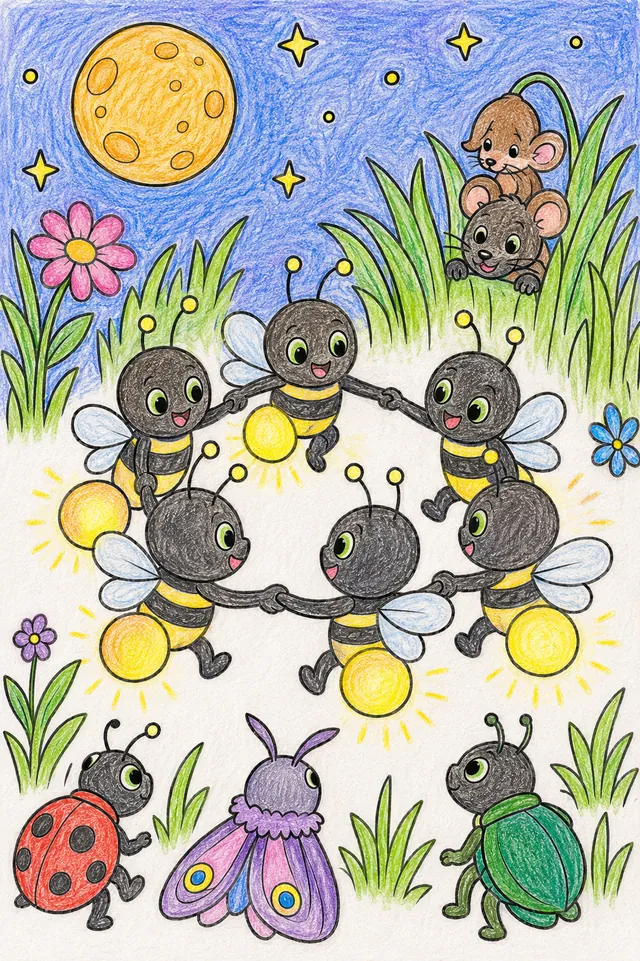 Ausmalbild: Kreis leuchtender Leuchtkäfer-Kinder tanzt Reigen in Sommernacht-Wiese, Mond im Hintergrund