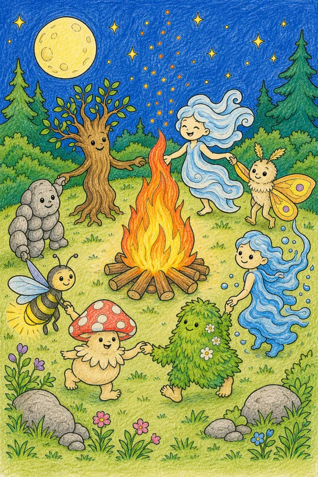 涂色页：八个森林精灵在山顶围着熊熊仲夏篝火跳圈舞