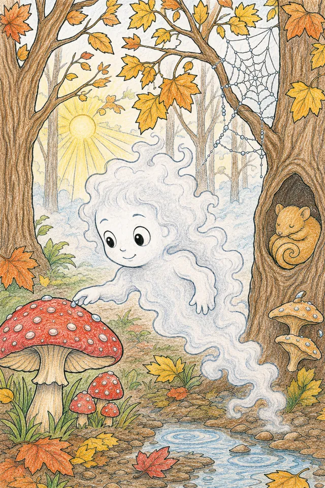 涂色页：有着巨大眼睛的半透明雾孩子漫步在朦胧的秋天森林