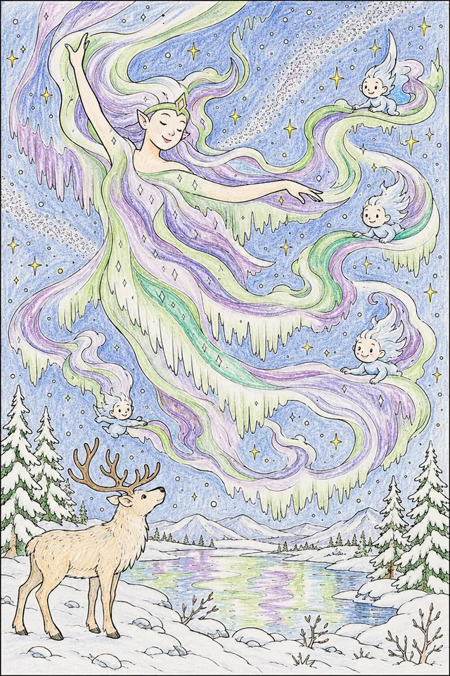 Ausmalbild: Riesiger Nordlicht-Geist als grüne Lichter-Bänder über arktischem Winterhimmel, Rentier schaut zu