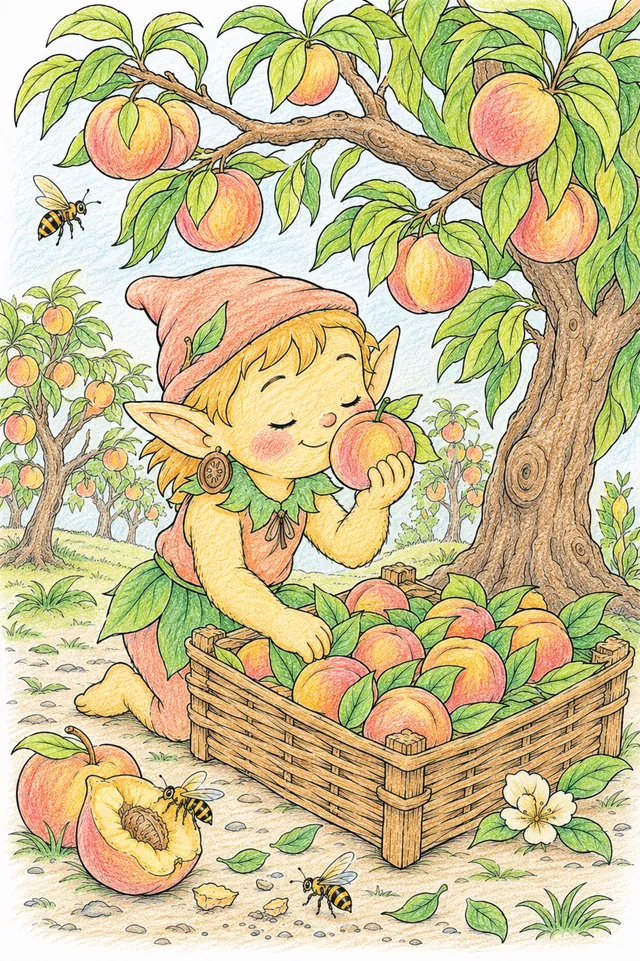 Pfirsich-Elfe pflückt goldene Sommerpfirsiche im Obstgarten – So könnte es aussehen