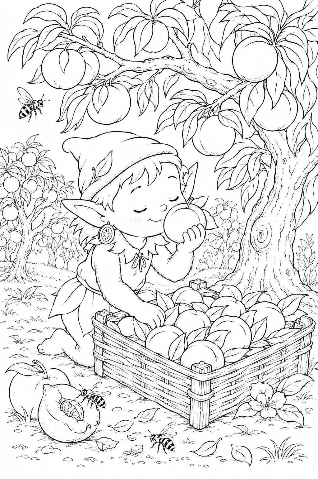 Ausmalbild: Goldene Pfirsich-Elfe prüft Pfirsich in altem Obstbaum, Weidenkiste mit Früchten daneben