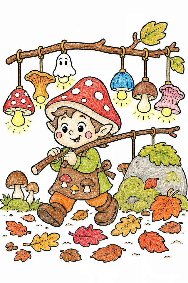 Ausmalbild: Runder Kobold trägt leuchtende Pilzlaternen durch Herbstwald am Abend