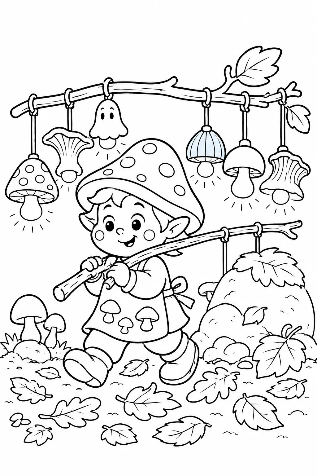 Ausmalbild: Runder Kobold trägt leuchtende Pilzlaternen durch Herbstwald am Abend