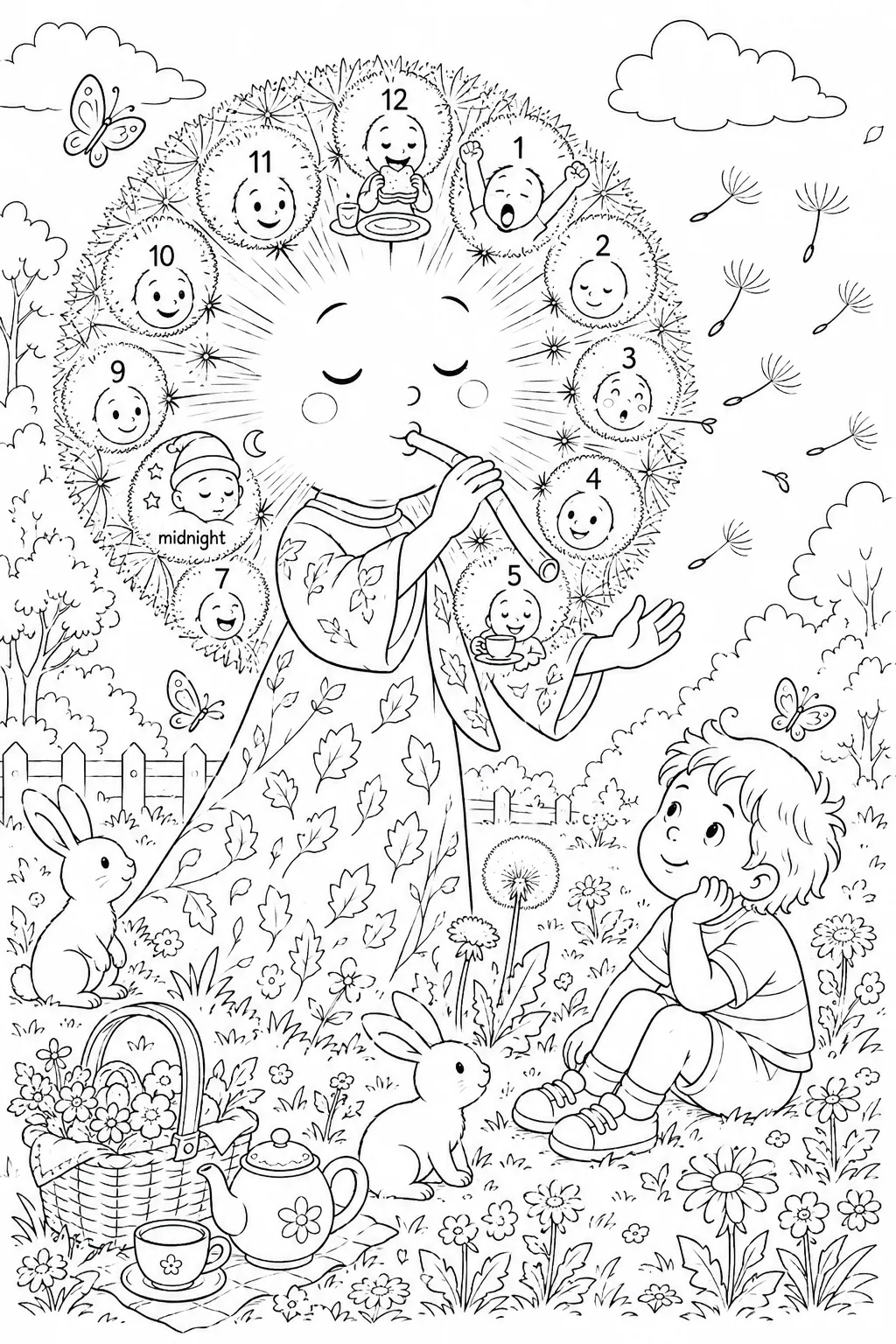 Ausmalbild: Riesige Pusteblumen-Uhr mit Uhrzeiten-Gesichtern auf den Samen, Geist pustet vor Kind