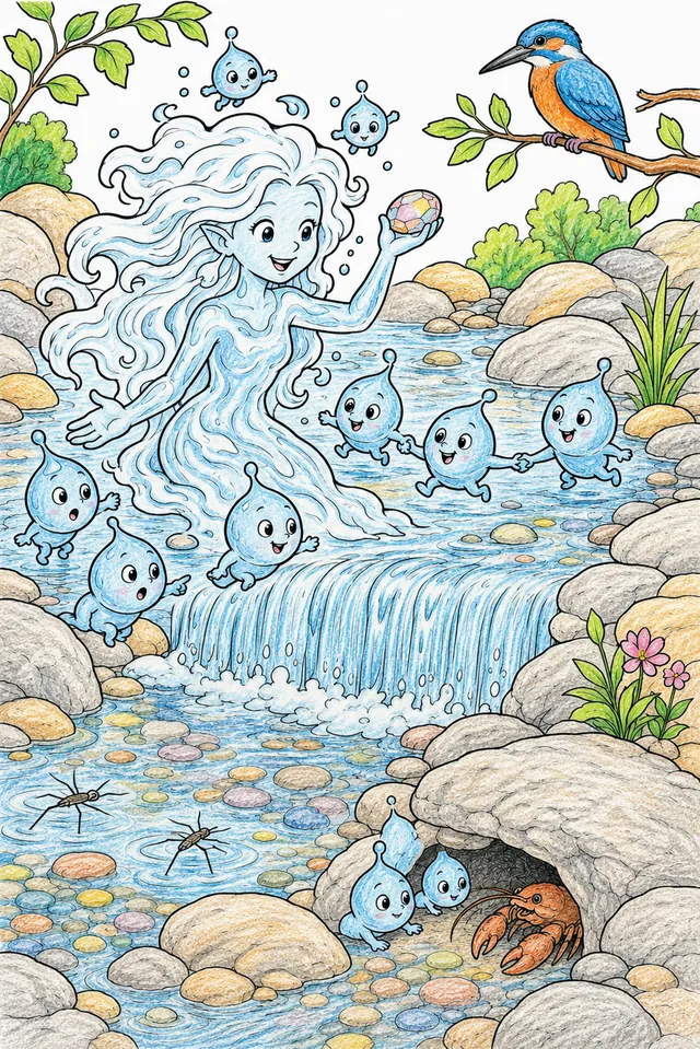 涂色页：半透明仙子带领圆形水精灵穿越有可见鹅卵石的清澈夏天溪流