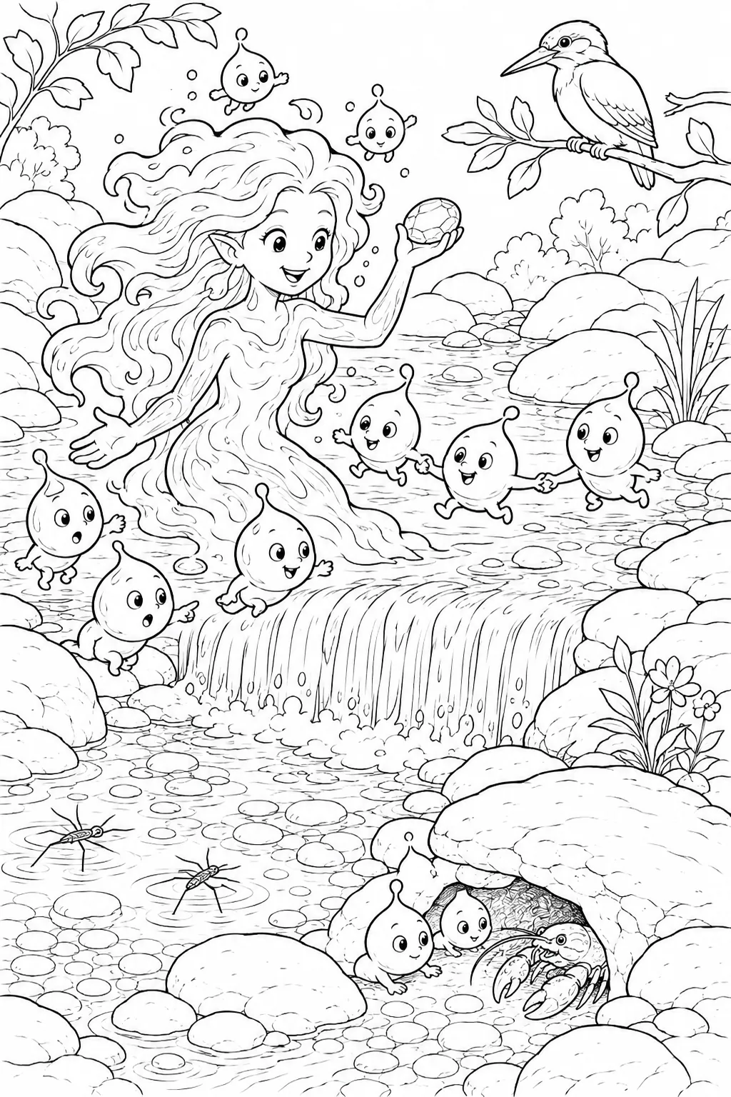 Coloring page: translucent nymph leading round water spirits through clear summer stream with visible pebbles