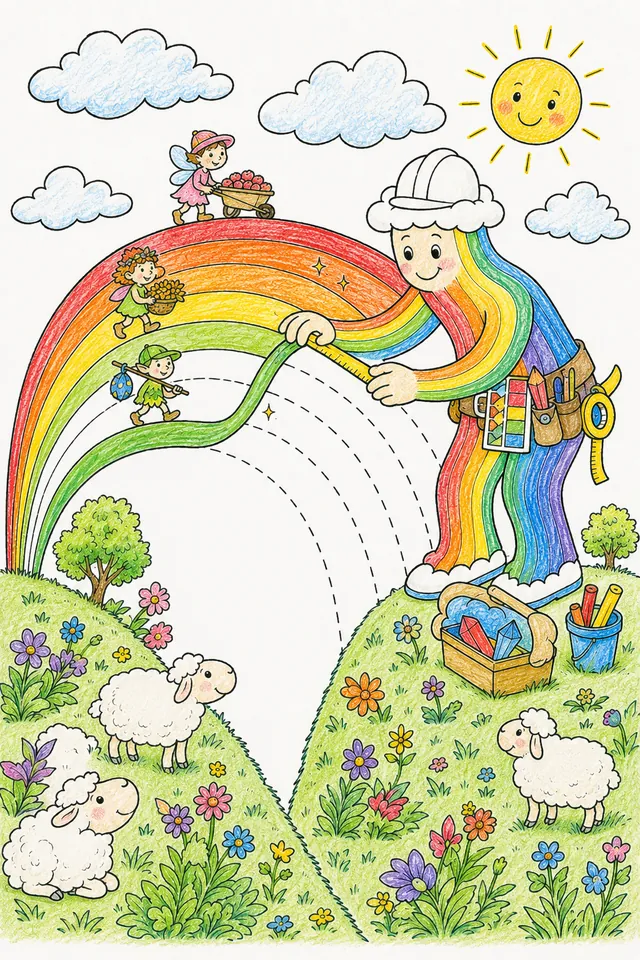 Ausmalbild: Regenbogen-Baumeister legt farbige Lichtbögen zwischen zwei grüne Sommerhügel, Naturgeister nutzen sie