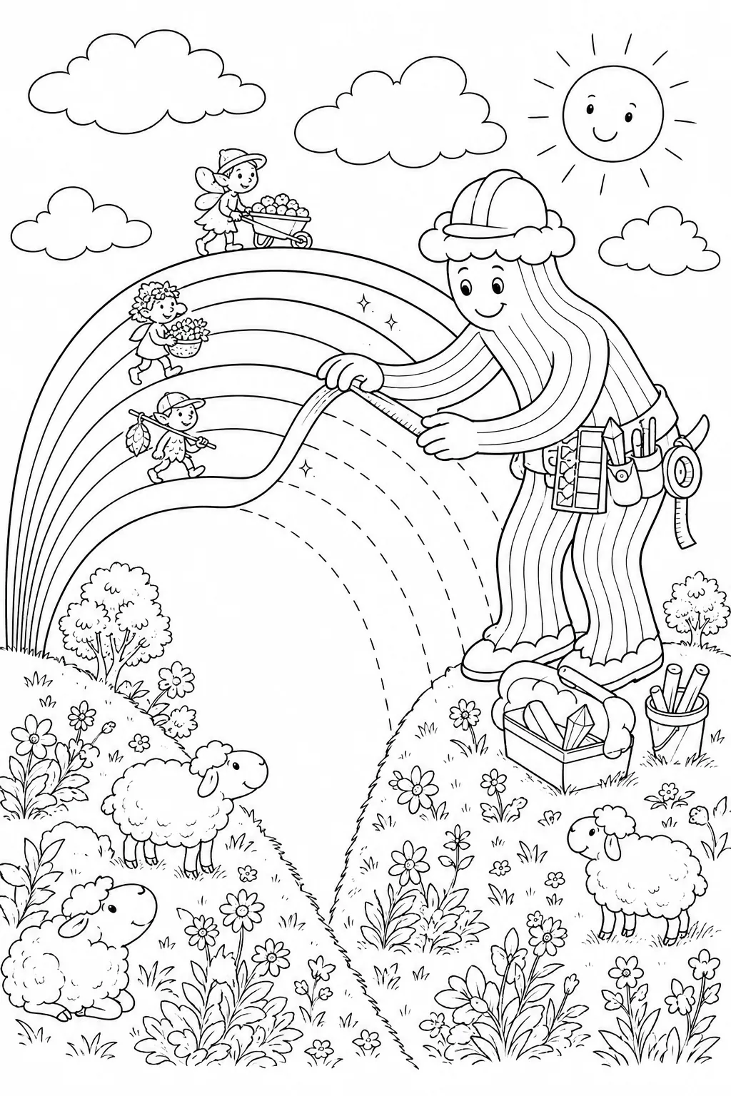 涂色页：彩虹建造者在两座绿色夏天山丘之间铺设彩色光弧，自然精灵使用它们