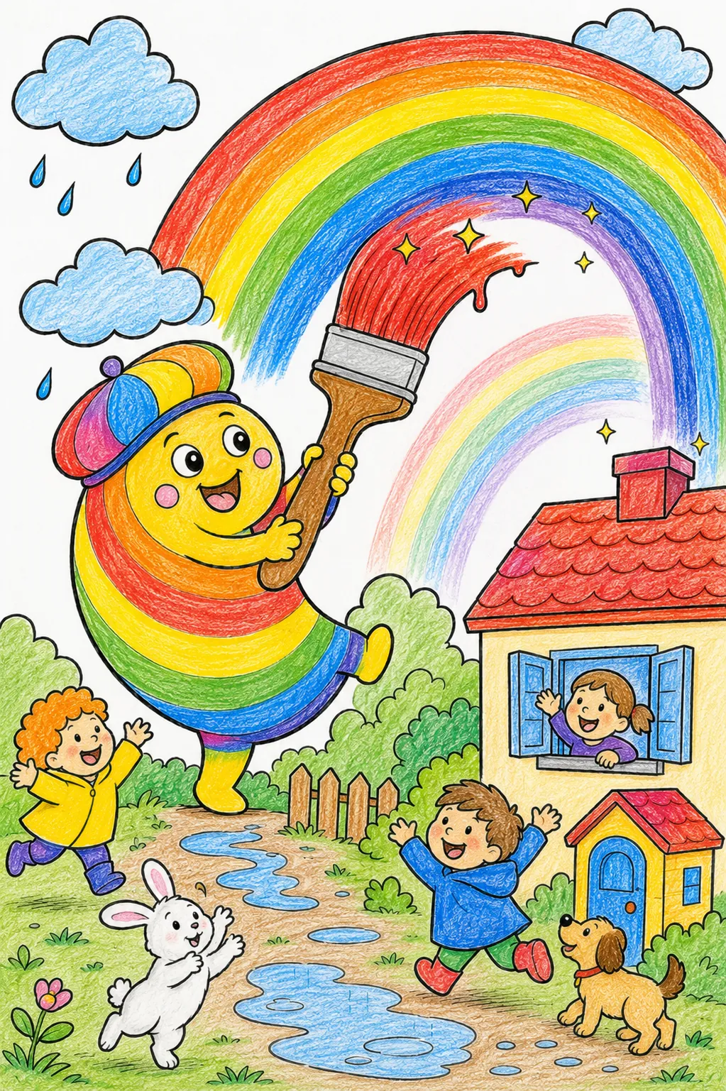 Regenbogen-Kind malt den Regenbogen nach dem Gewitterregen
