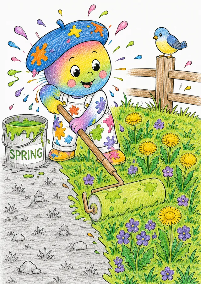 涂色页：穿着五彩服装的彩虹画家用油漆滚筒将灰色草地涂成春天的颜色