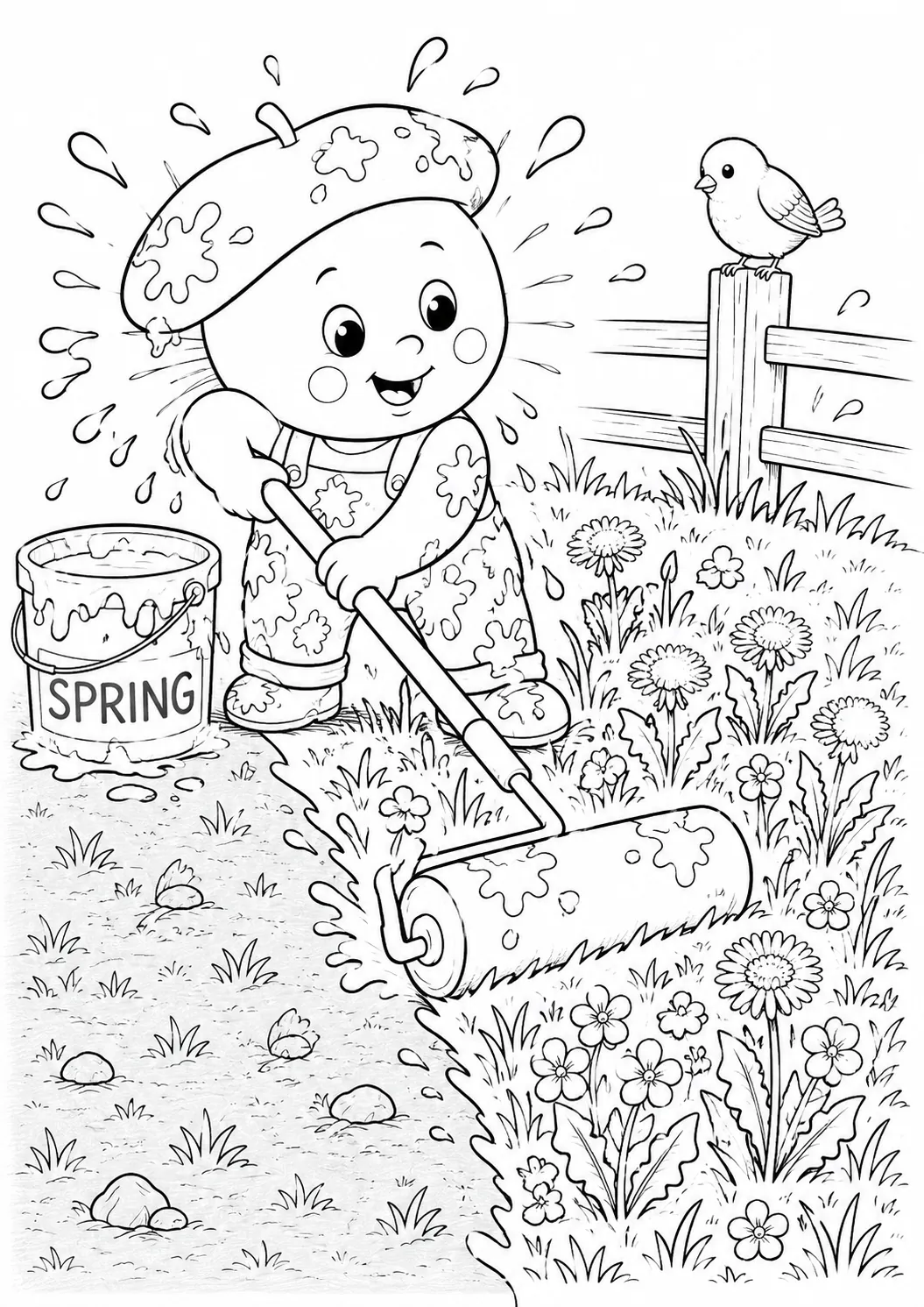 涂色页：穿着五彩服装的彩虹画家用油漆滚筒将灰色草地涂成春天的颜色