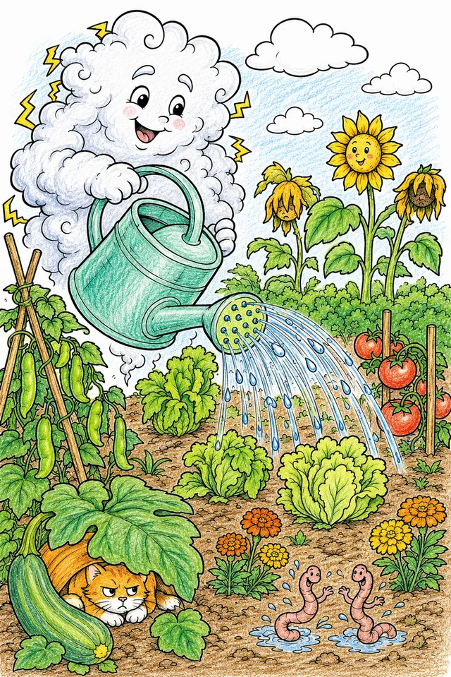 Ausmalbild: Wolken-Geist mit riesiger Gießkanne bewässert Gemüsegarten, Regenwürmer tanzen, Katze versteckt sich