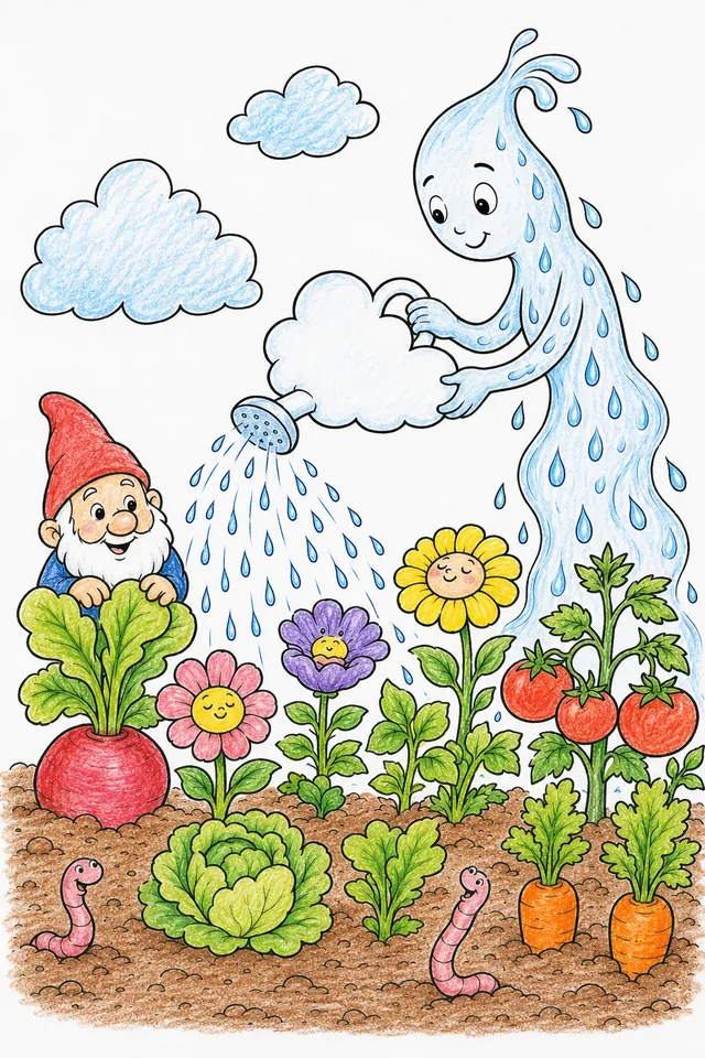 雨之精灵用云朵浇水壶浇灌花园 – 涂色效果预览