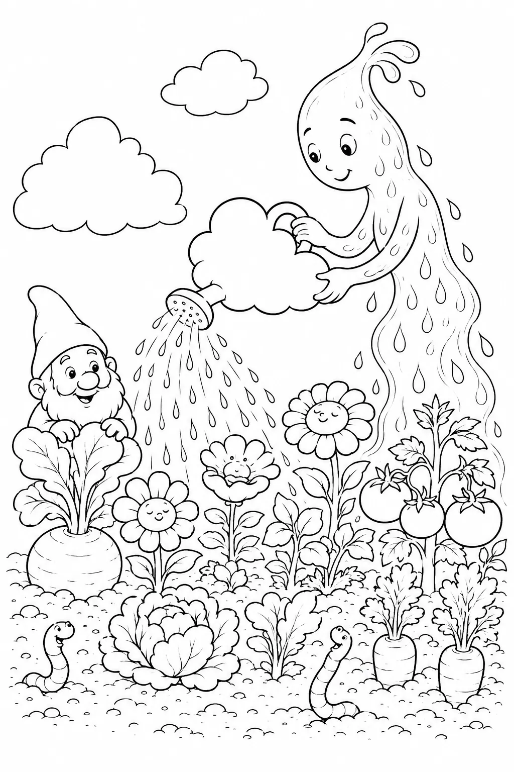 涂色页：银色雨之精灵从云朵中以精确的雨弧浇灌花朵和菜地