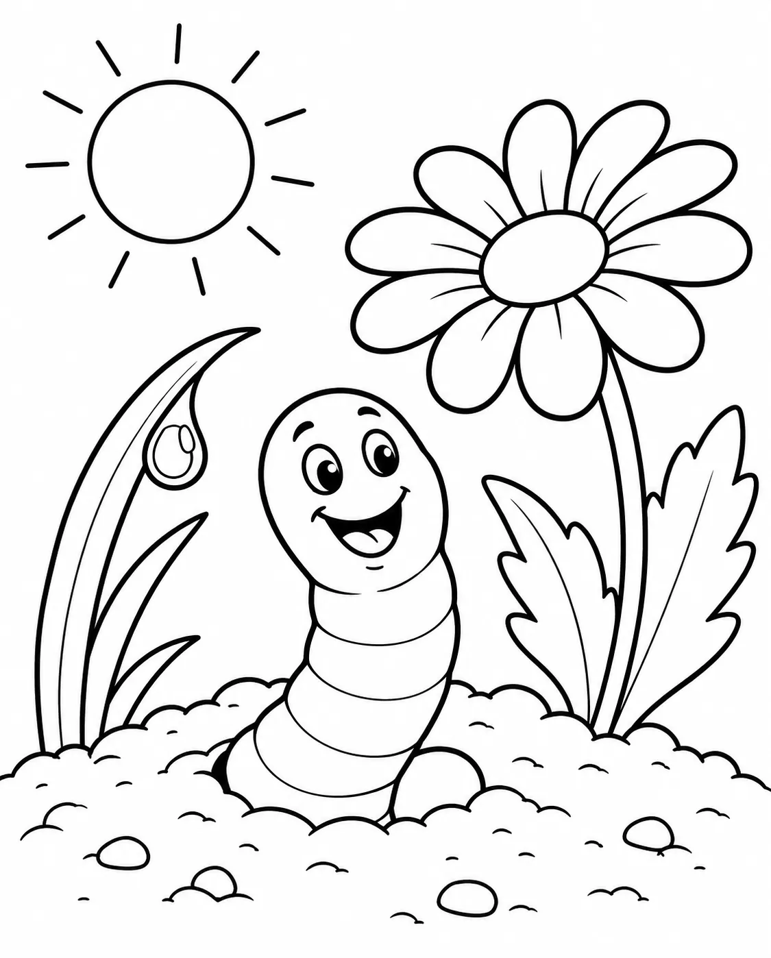 Ausmalbild: Rosa lächelnder Regenwurm schaut glücklich aus einem Erdloch, neben ihm eine Margerite