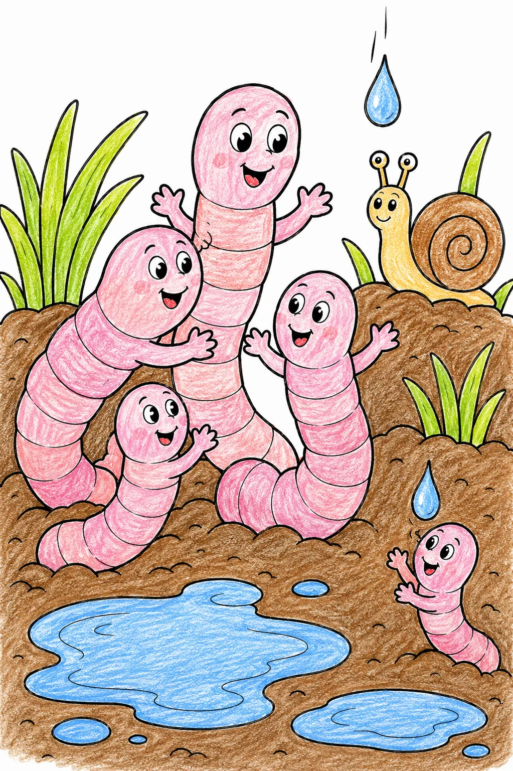 Regenwurm-Familie trifft sich nach dem Frühlingsregen