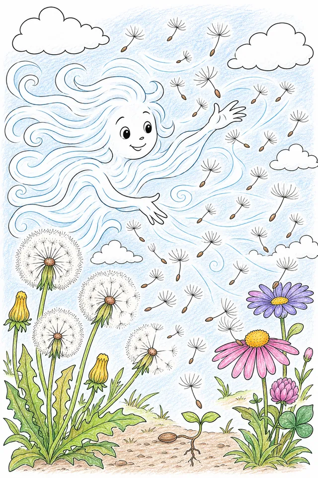 Ausmalbild: Silber-weißer Windgeist schickt Löwenzahn-Fallschirme auf verschiedenen Luftwegen durch blauen Sommerhimmel