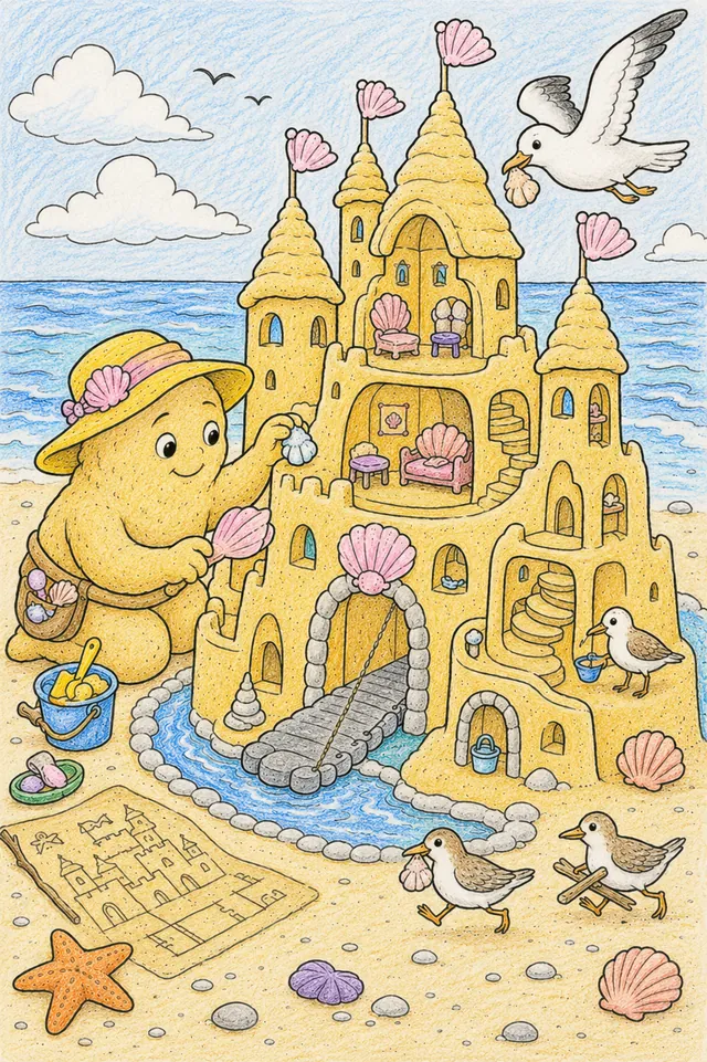 Ausmalbild: Sandgeist baut präzise Sandburg mit Muscheltürmen und Kieselstein-Zugbrücke am Sommerstrand