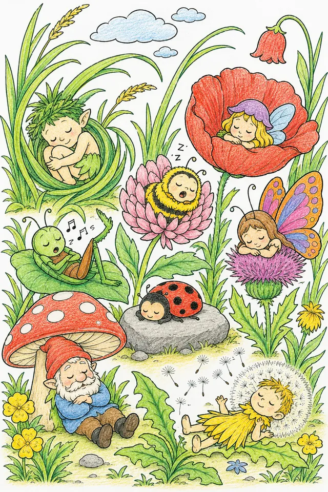 Ausmalbild: Acht Wiesenwesen schlafen in ihren individuellen Schlafpositionen auf der Sommerwiese