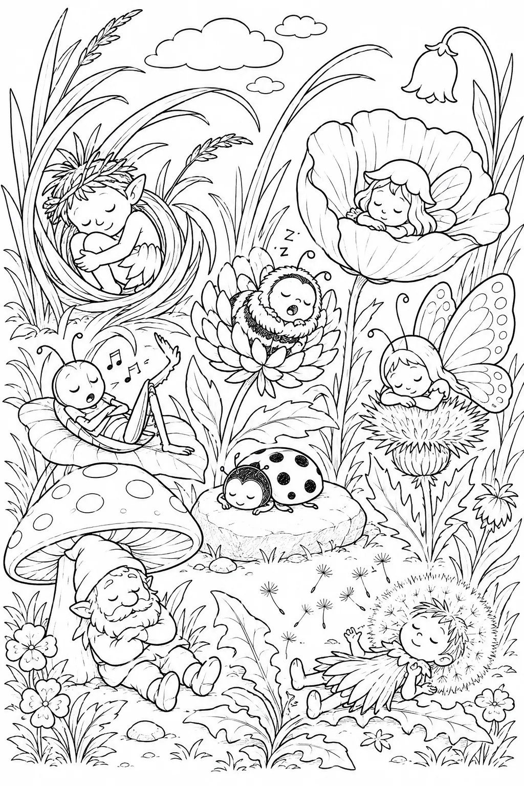 Coloring page: eight meadow beings sleeping in their individual sleeping positions on summer meadow