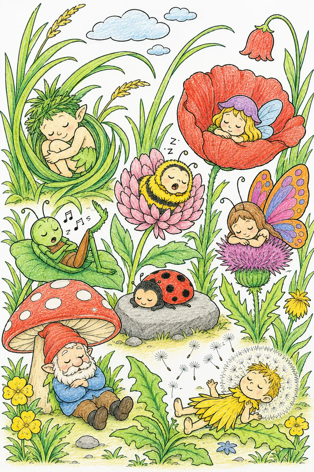 Sleeping Summer Meadow: All Meadow Beings Settling Down for the Midday Rest