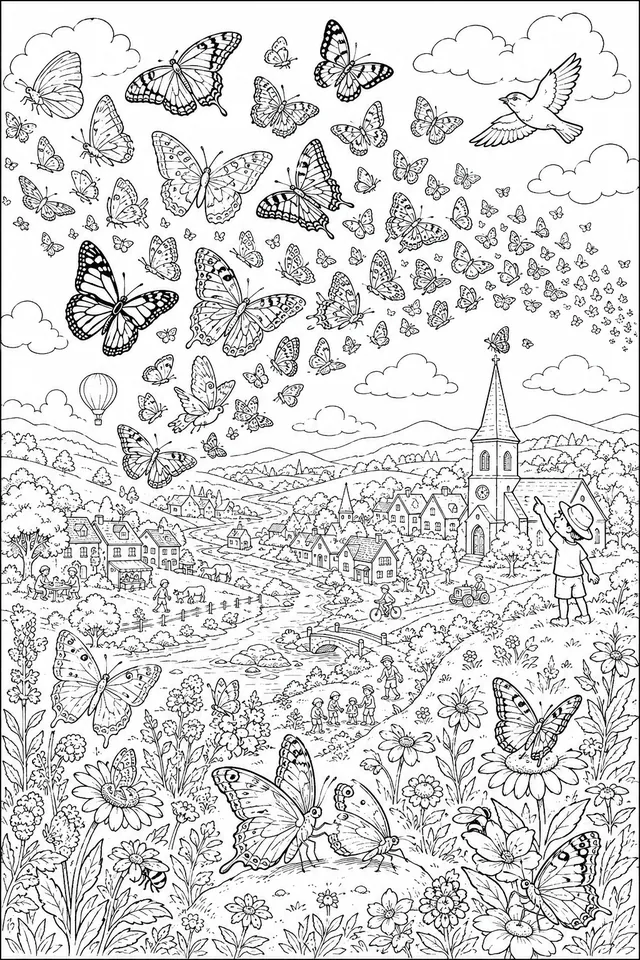 Schmetterlings-Wanderung: Wimmelbild der großen Sommer-Reise