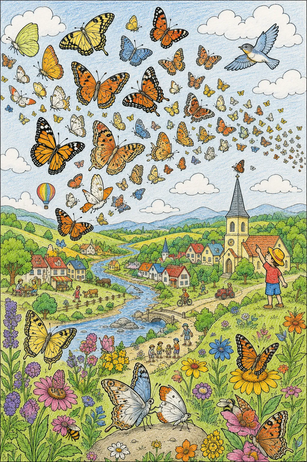 Schmetterlings-Wanderung: Wimmelbild der großen Sommer-Reise